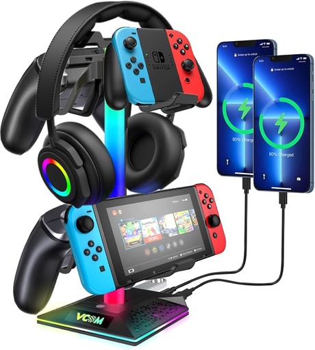 VCOM RGB gaming headphone stand with 2 USB and 1 type sports, headset stand with 10 light modes and non-slip rubber