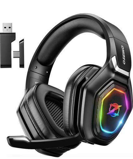 Ozeino 2.4 GHz Wireless Gaming headset with microphone,  2.4G USB & type C transmitter- 30 h battery life-RGB lighting Gaming headphones for PS5, PS4 PC.