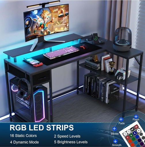 Eivanet 47 inch Gaming Desk with Power Outlet & LED Light, Reversible L Shaped Desk, L Shaped Desk with Hook & Monitor Stand, Computer Desk with Drawer and Shelves for Home Office Bedroom 