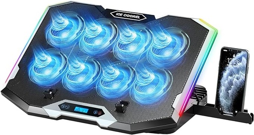 ICE COOREL Gaming Laptop Cooling Pad with 8 Cooling Fans, Laptop Fan Cooler Pad for 15-17.3 Inch, Notebook Cooler Stand with 6 Height Adjustable, RGB Cooling Pad with Two USB Port + Phone 